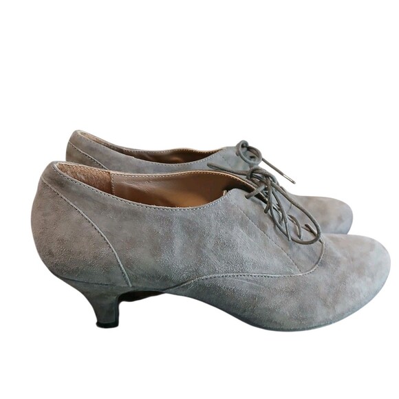 Andre' French Gray Suede Leather Sz 9 US Oxford Lace Heels Bootie Pump Dance - Picture 2 of 10